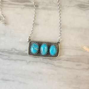 3 Stone Turquoise Bar Necklace, 925 Sterling Silver, New